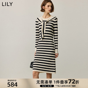 LILY2025秋新款女装带围脖黑白条纹修身收腰显瘦圆领针织连衣裙女