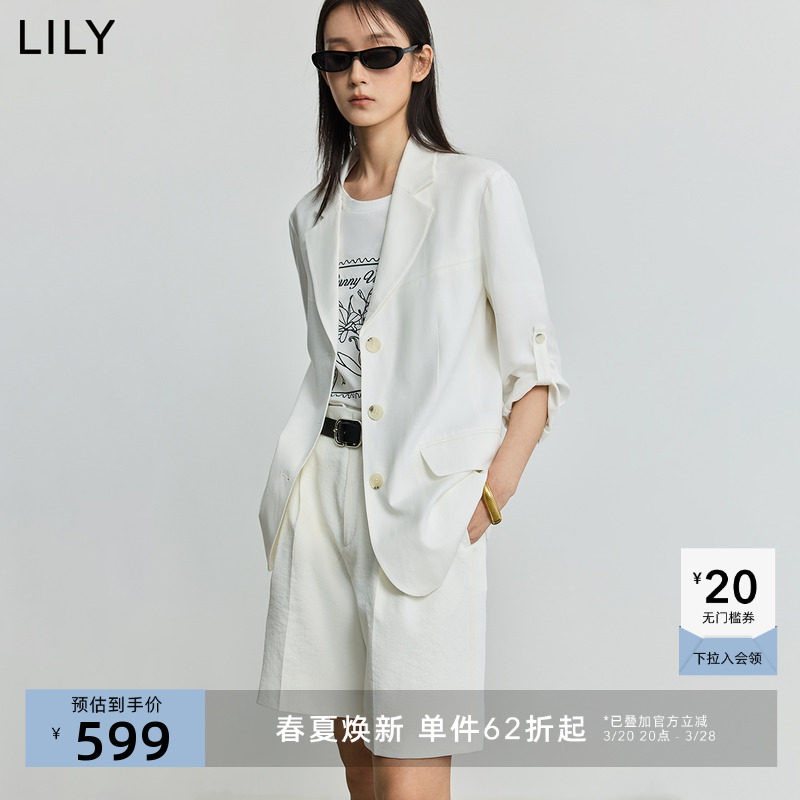 LILY2025夏新款女装莱赛尔亚麻休闲职业通勤七分袖白色西装外套