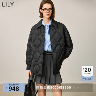 LILY2025冬新款女装经典菱格纹衬衫领90鸭绒黑色羽绒服外套中长款