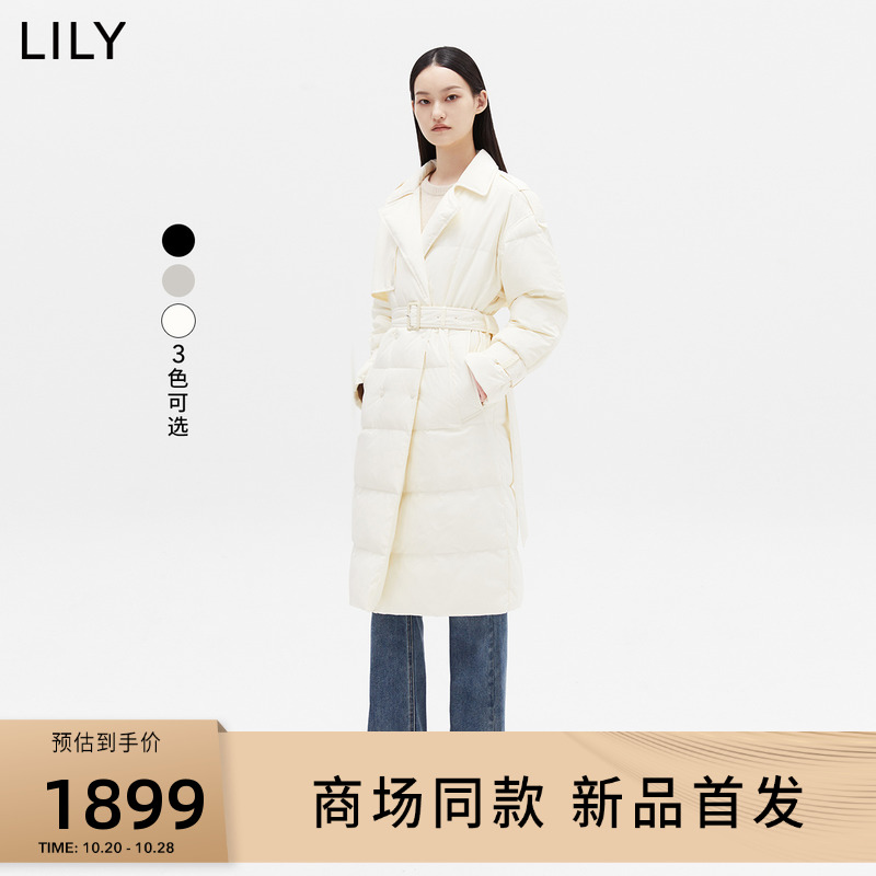 【专柜甄选】LILY2023冬新款女装保暖鹅绒腰带长西装羽绒服外套