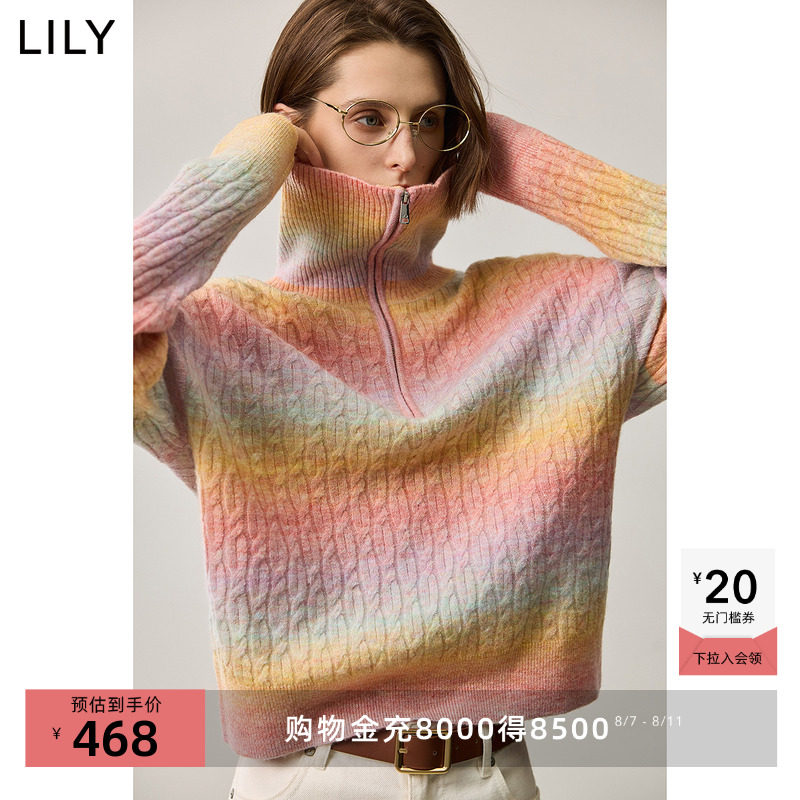 LILY2025秋新款含羊毛彩色渐变条纹拉链翻领休闲通勤针织衫女毛衣,女装/女士精品,毛针织衫,淘宝优惠券,粉丝福利购,淘宝优惠卷
