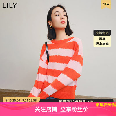 LILY2022冬新款女装气质时尚条纹气质通勤款宽松圆领长袖毛针织衫