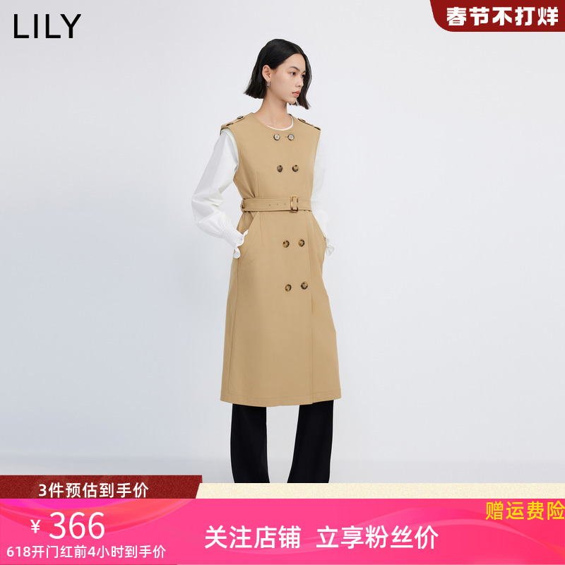 LILY2024春新款女装复古时尚叠穿通勤款气质卡其色背心连衣裙外套