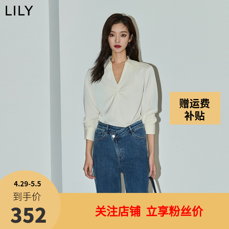 LILY2024夏新款女装时尚扭结气质通勤款温柔宽松垂坠感衬衫雪纺衫