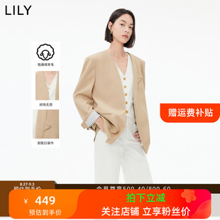 绵羊毛别致无领无门襟时尚 通勤宽松西装 女装 LILY2023秋新款 外套女