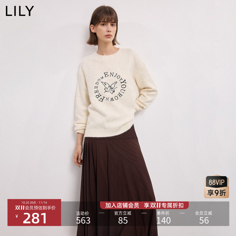 LILY2025冬新款女装艺术感撞色小鸟绣花软糯圆领米白色针织衫毛衣