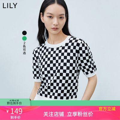 【专柜甄选】LILY2023秋新款女装复古棋盘格纹短袖毛针织衫小上衣