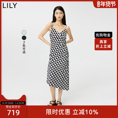 【商场同款】LILY2022秋新款女装复古印花浪漫优雅修身吊带连衣裙