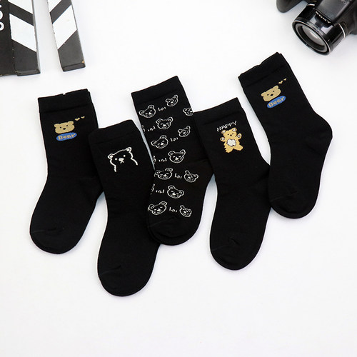 儿童纯色黑色秋冬中长筒纯棉潮袜