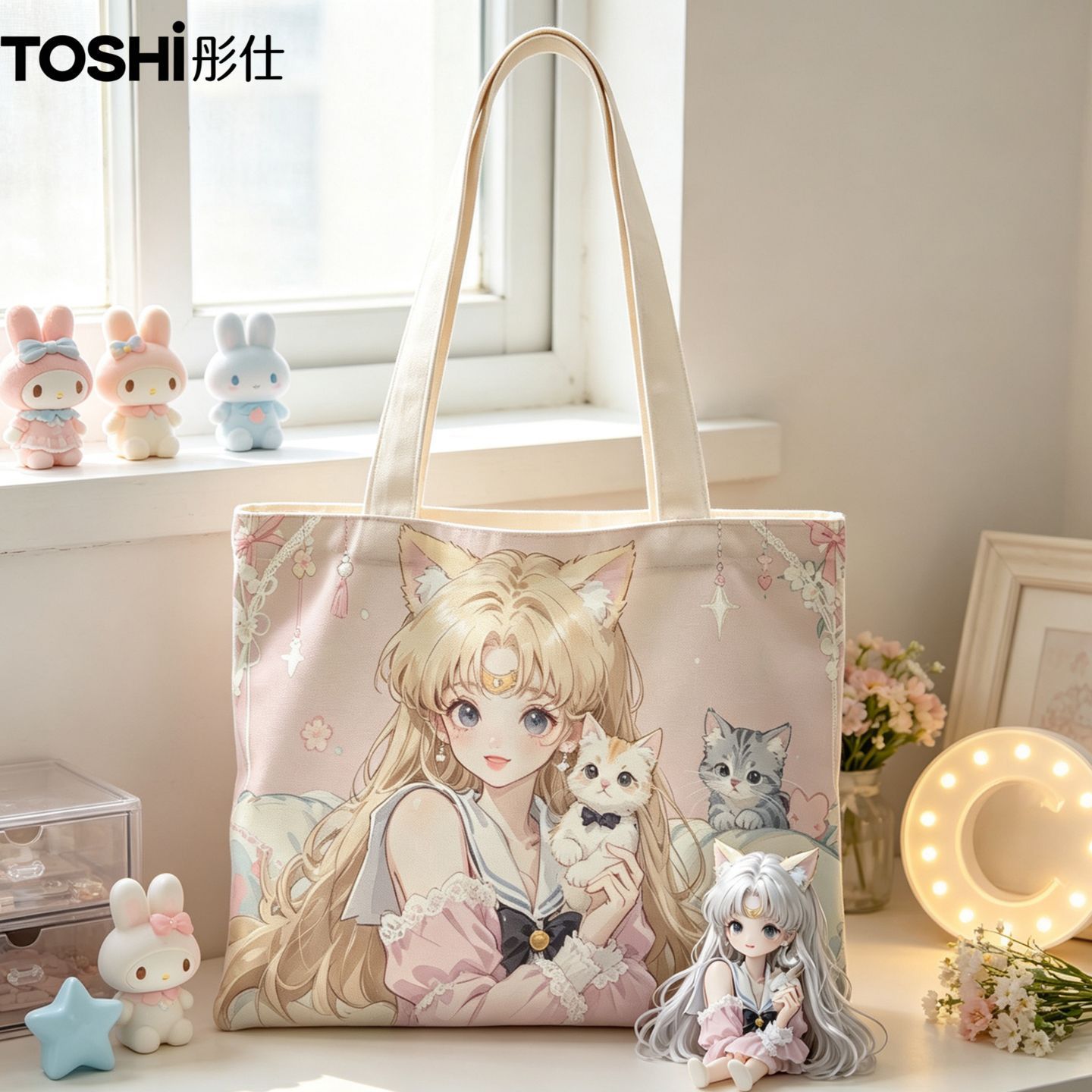 美少女战士猫咪印花帆布托特包二次元学生上课通勤大容量手提布袋