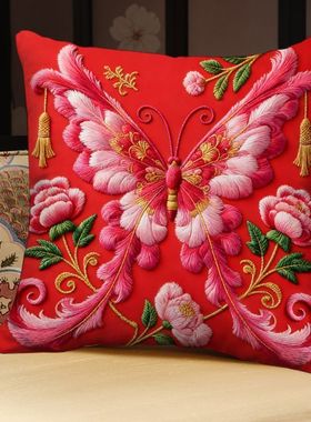 中式蝴蝶牡丹印花抱枕红色喜庆家居客厅沙发超软靠垫床头含芯腰枕