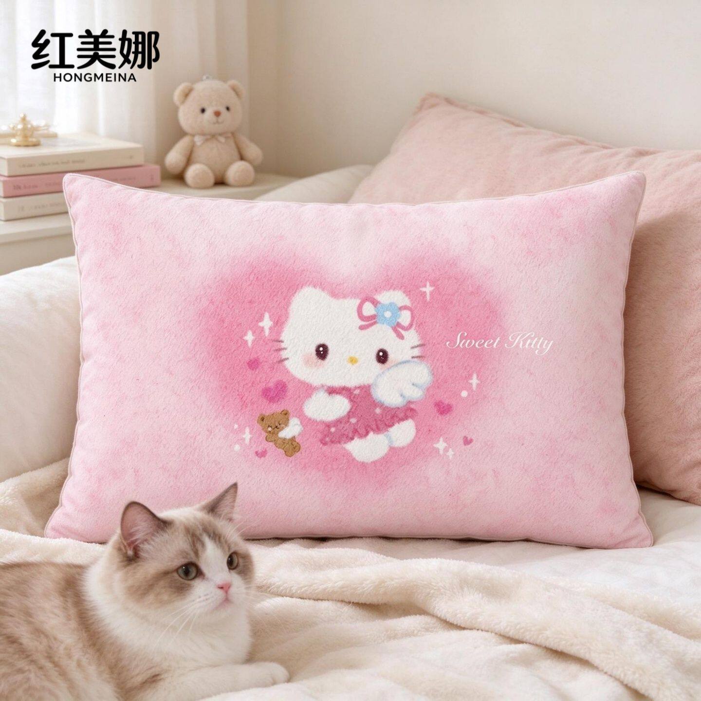可爱HelloKitty长方形抱枕ins草莓格纹凯蒂猫靠垫卧室床头靠枕