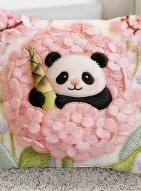 爆款绣球花芯熊猫印花抱枕治愈家居客厅沙发超软靠垫含芯床头腰枕