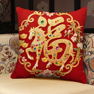 金马送福抱枕2026马年新年福字吉祥靠垫枕套新中式装饰沙发软靠垫