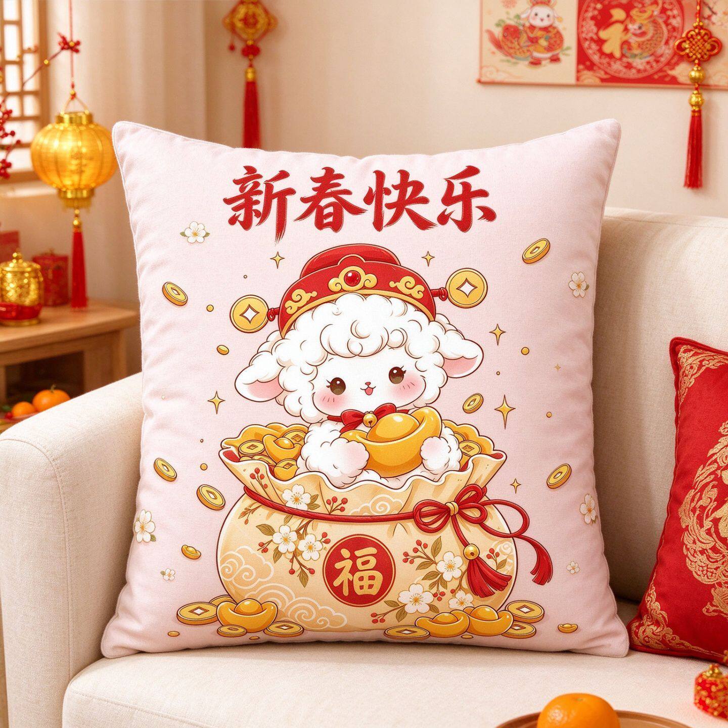 新春快乐萌羊抱枕枕套国潮卡通福袋元宝铜钱客厅沙发喜庆装饰靠枕
