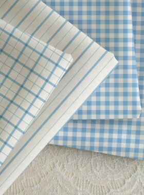 复古蓝色格子布料条纹餐桌布艺手工DIY布料家居茶几ins风垫布