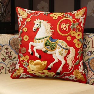 2026马年抱枕红色喜庆客厅沙发装饰摆件靠垫平面印花枕套腰枕含芯