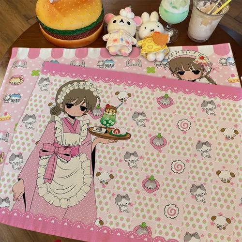 新款日系小厨娘棉麻桌布古早少女心手账装饰拍照背景布卧室书桌垫
