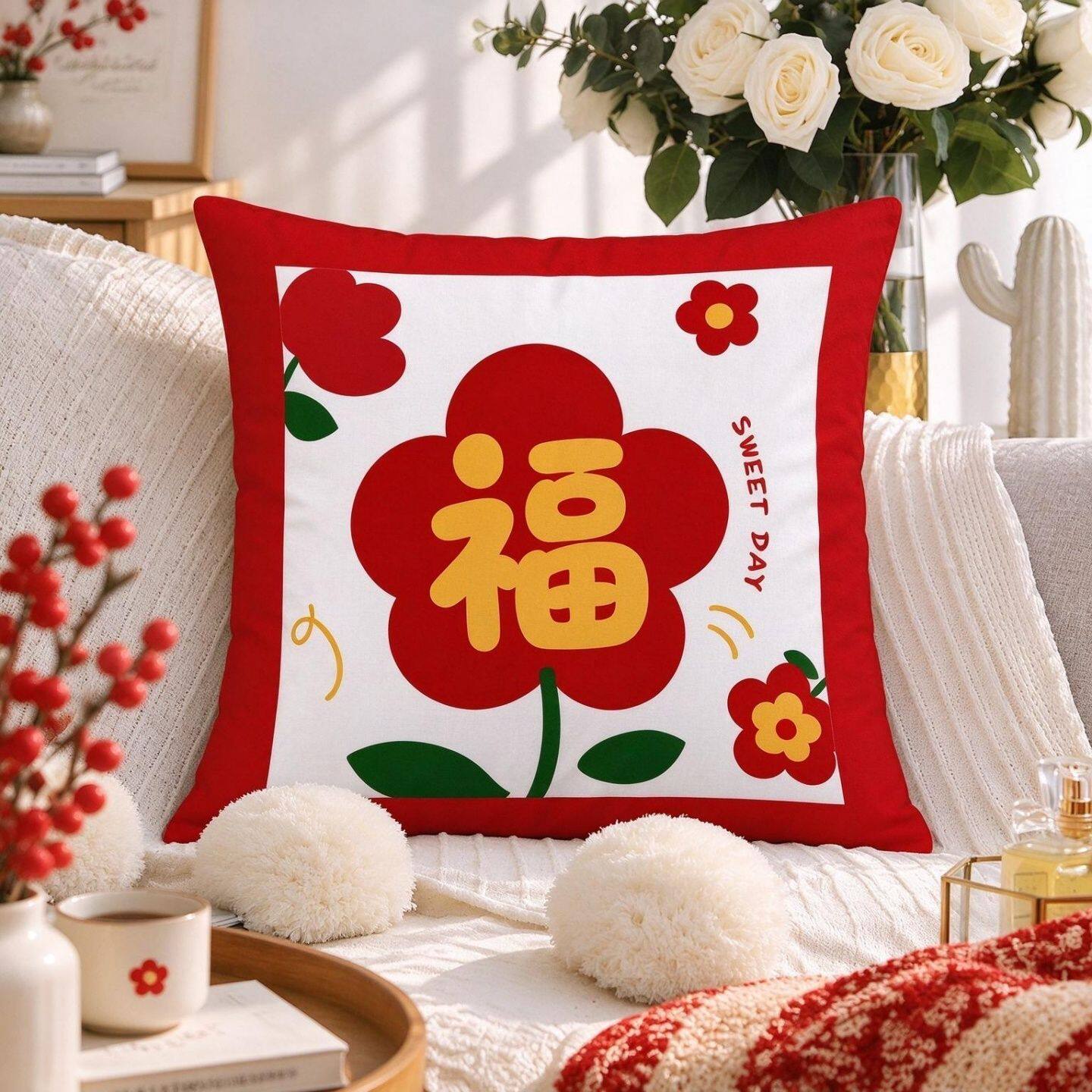 新年福字小花抱枕喜庆红色靠枕中式吉祥客厅飘窗装饰可拆洗靠垫