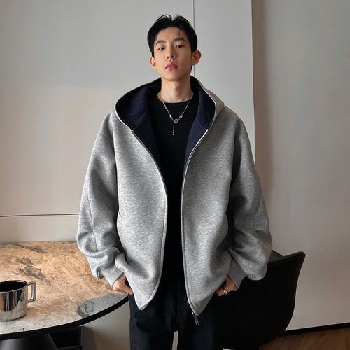男士卫衣连帽拉链款开衫纯色双面穿型男连帽男卫衣2026新款黑灰