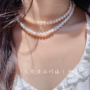 RUYI复古款法式高级感天然淡水真珍珠项链橘粉色港风温柔串珠颈链