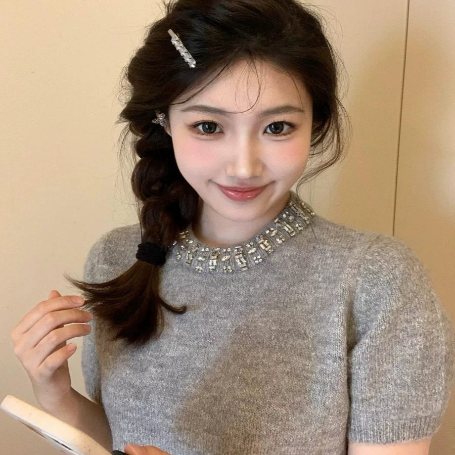 夏款miu系带钻毛衣短袖t恤女春夏季宽松马海毛针织衫百搭短款上衣