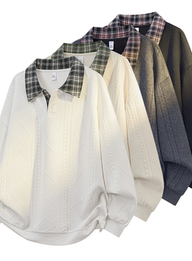 XUT 美式提花假两件卫衣男春秋撞色翻领polo衫长袖上衣