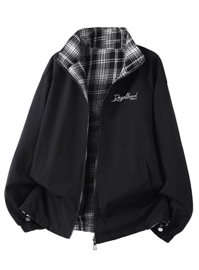 XUT 美式手写字母印花复古格子拼色双面穿夹克外套