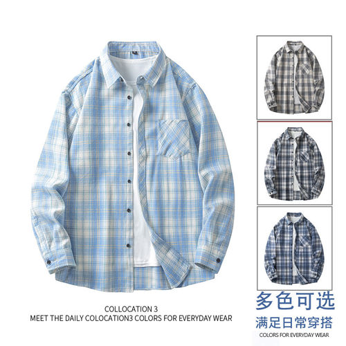 港风日系清新长袖衬衫格子衬衣外套