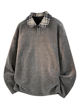 XUT 粗花针织千鸟格polo衫长袖男款秋季翻领宽松拼接卫衣