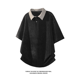 复古风翻领短袖POLO衫男宽松撞色针织休闲上衣夏季新款