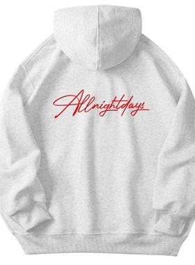 草体签名字母灰色加绒连帽卫衣秋冬情侣复古简约套头帽衫