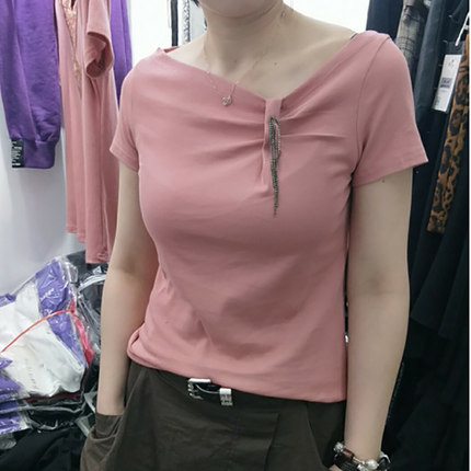 斜领流苏t恤女2026夏季新漏锁骨上衣修身百搭内搭纯色网红打底衫