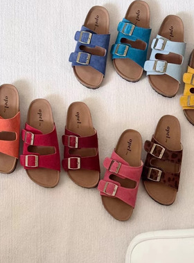 opel女鞋反绒勃肯拖鞋外穿沙滩鞋软木一字凉鞋欧宝半拖沙滩鞋学生