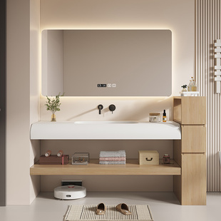 定制浴室柜组合原木风可丽耐岩板热弯无缝一体盆实木洗脸洗漱台盆