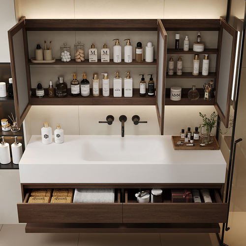 复古原木风可丽耐岩板一体盆浴室柜组合实木橡木免漆洗手台盆定制