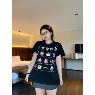 KT猫夏季休闲百搭女装上衣ins港味卡通印花纯棉短袖T恤大妈女装