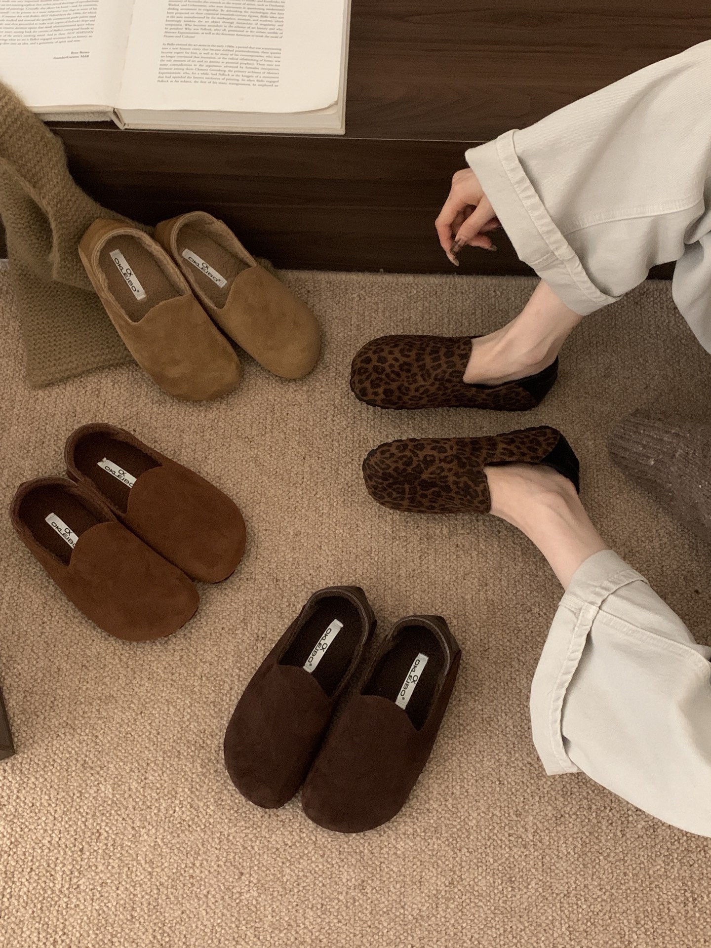 韩系复古风两穿乐福单鞋女平底一脚蹬加绒保暖棉鞋时尚通勤勃肯鞋