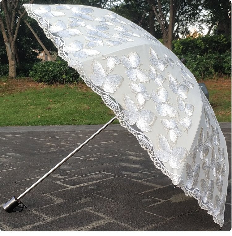 遮阳伞二折外贸定制黑胶双层蕾丝刺绣蝴蝶花防晒防紫外线公主洋伞