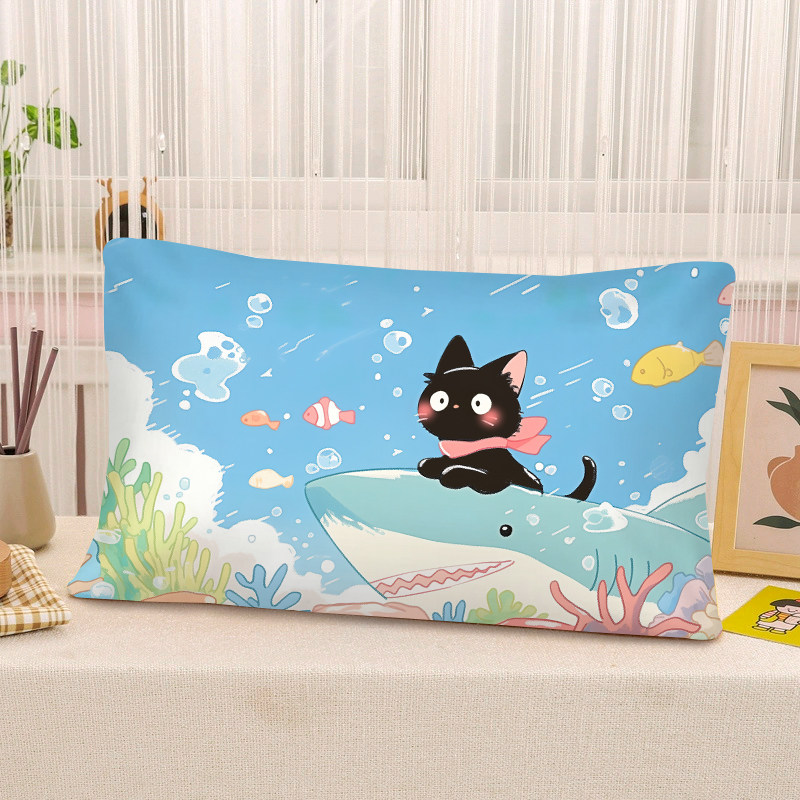 水晶绒黑猫卡通枕套冬季保暖女生寝室珊瑚绒枕头套加绒床上用品
