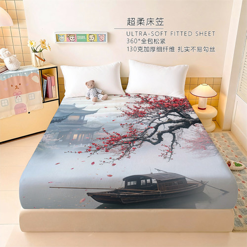 畅销款抗皱床笠梅花舒适印花图案家用宿舍单双人120x200