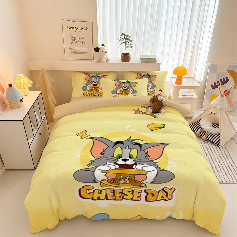猫和老鼠四件套汤姆杰瑞卡通加厚学生儿童宿舍水晶绒三件套被套