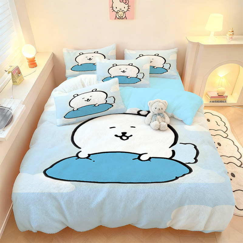 自嘲熊卡通水晶绒四件套可爱小白熊三件套女生寝室学生宿舍单被套