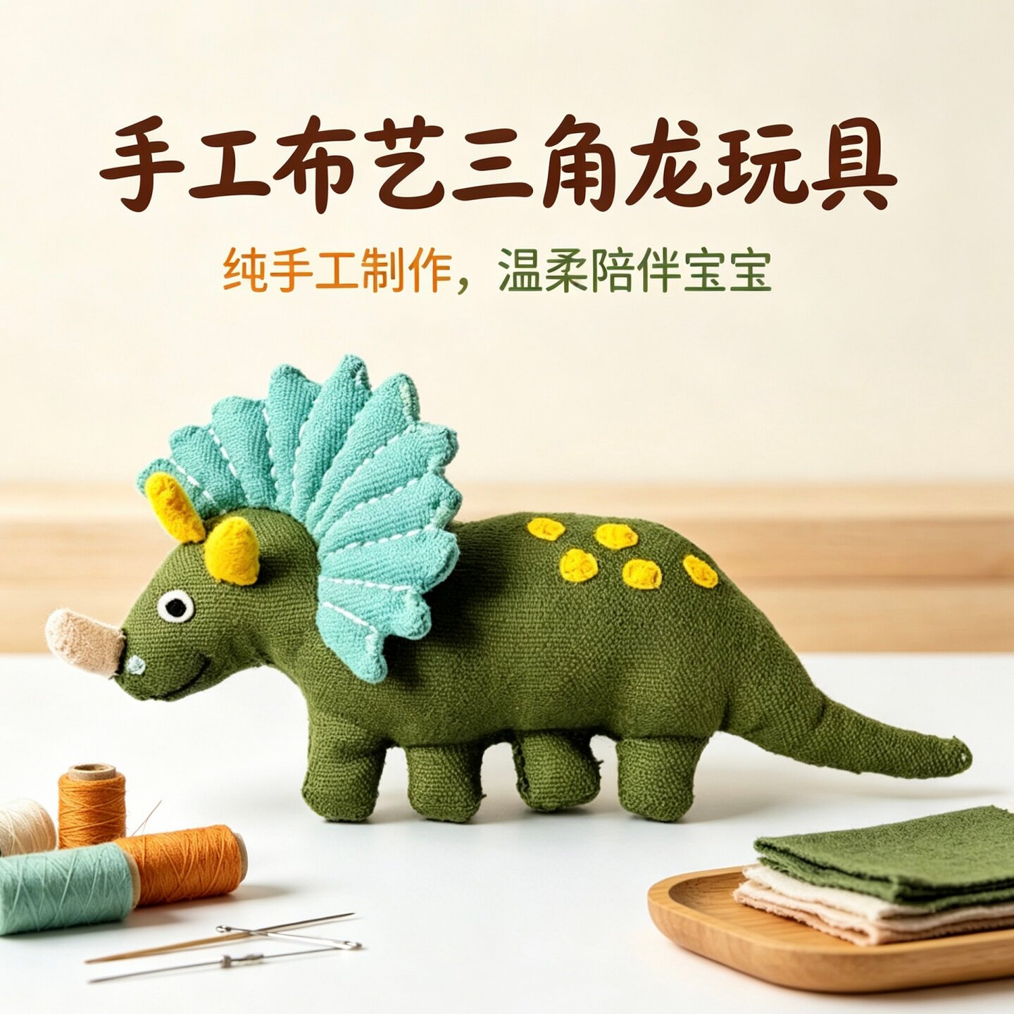 手工缝制三角龙恐龙安抚毛绒公仔