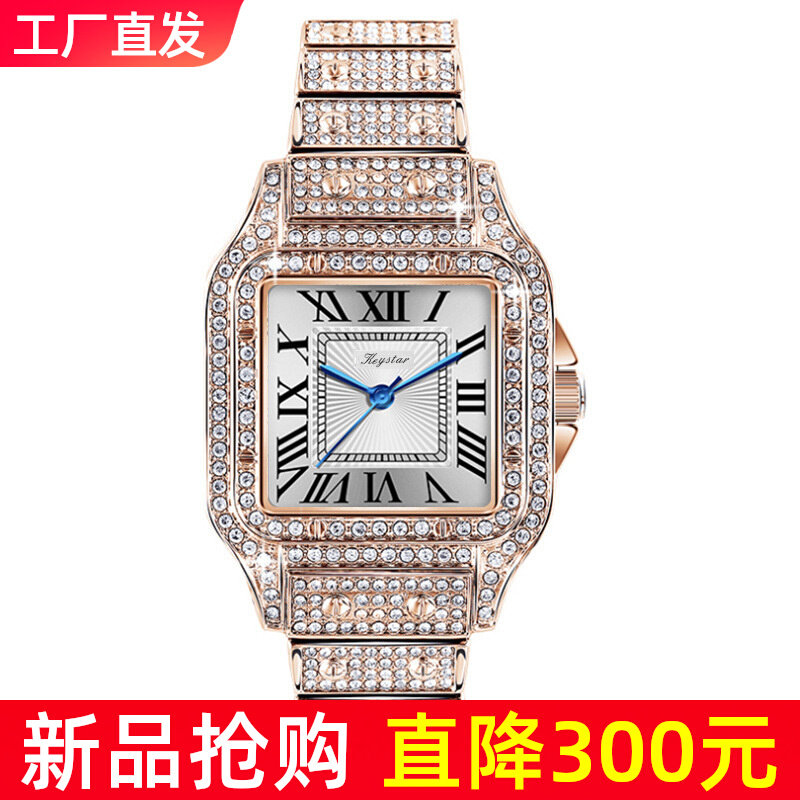 2026年新款轻奢时尚女士手表满钻防水学生石英表古欧方形金色女表