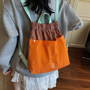 2025新款 潮流撞色帆布包多巴胺大容量购物袋慵懒风百搭双肩包 时尚