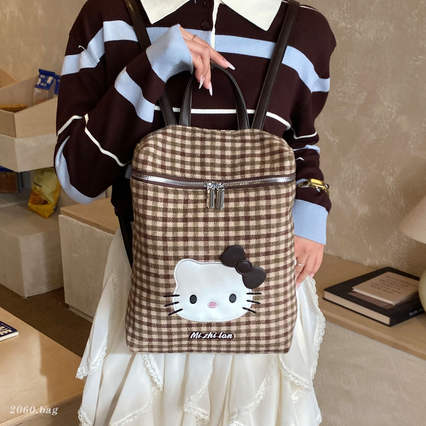 可爱猫咪格纹双肩包女大容量卡通背包2026新款韩版通勤上课书包