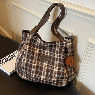 文艺百搭时尚 大容量通勤托特包 高级感帆布格子包包女2025秋冬新款