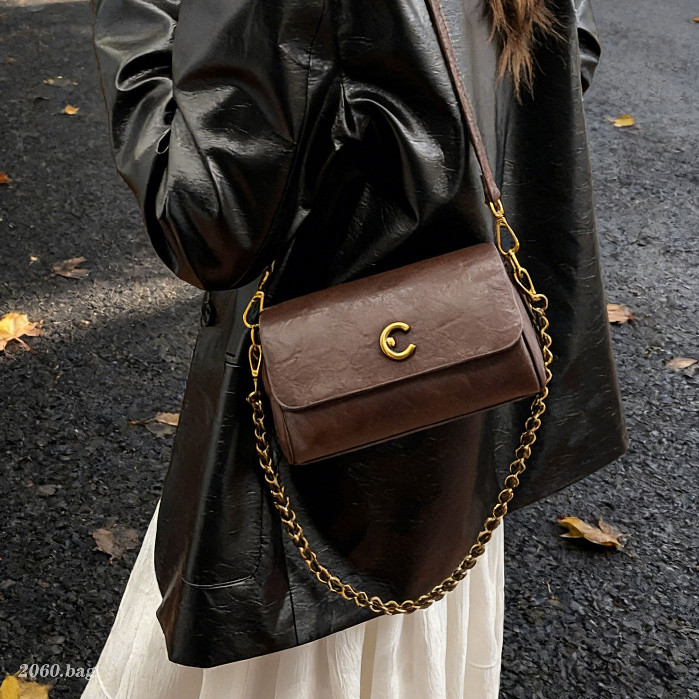 时尚小众设计链条小方包2025新款女复古拼接单肩斜跨包包韩版ins