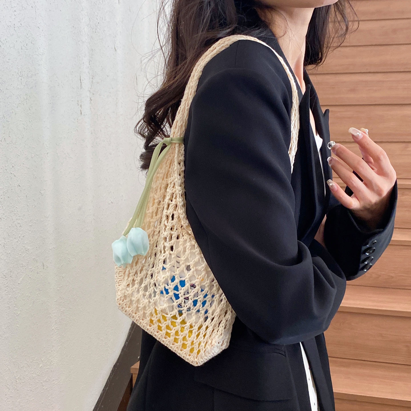 夏天高级感大容量棉线编织包女2025新款镂空毛线针织包单肩手提包